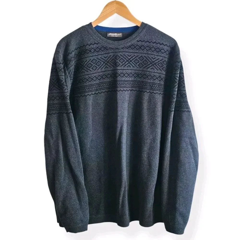 Eddie Bauer Gray Sweater Fair Isle Nordic Ski Lodge VTGY2K Grandpacore 50" Chest - Picture 1 of 7